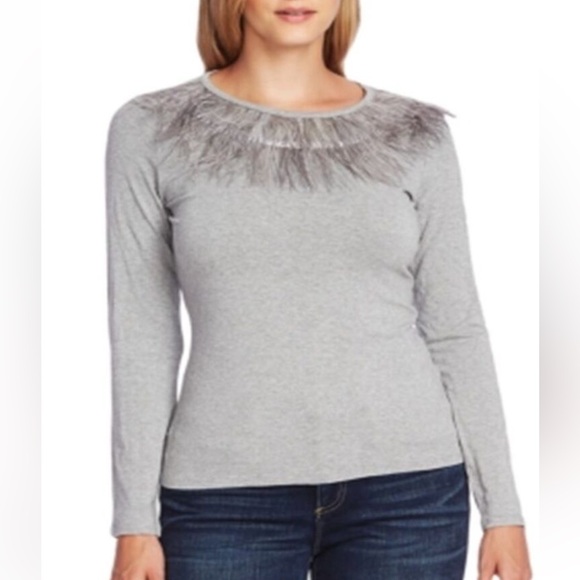 Vince Camuto Tops - Vince Camuto Feather Trimmed Top in light heather gray Size Small